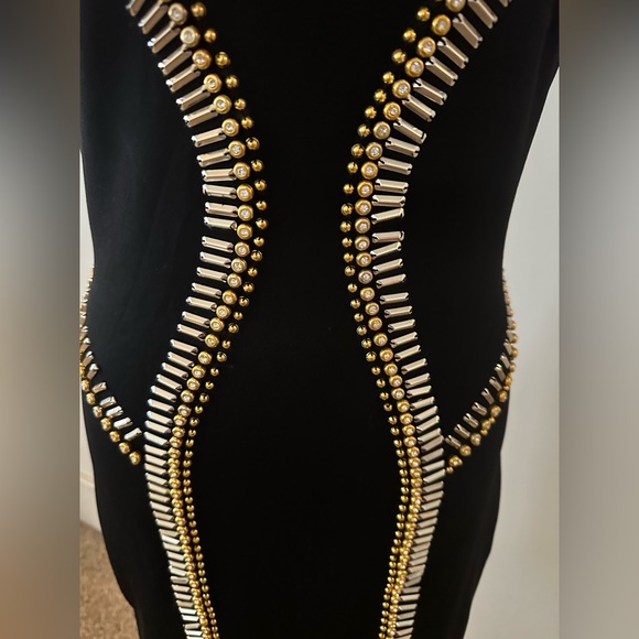 Bebe Bodycon Stretch Ponte Beaded High Neck Scoop Back Cocktail Mini Dress M - Picture 4 of 14